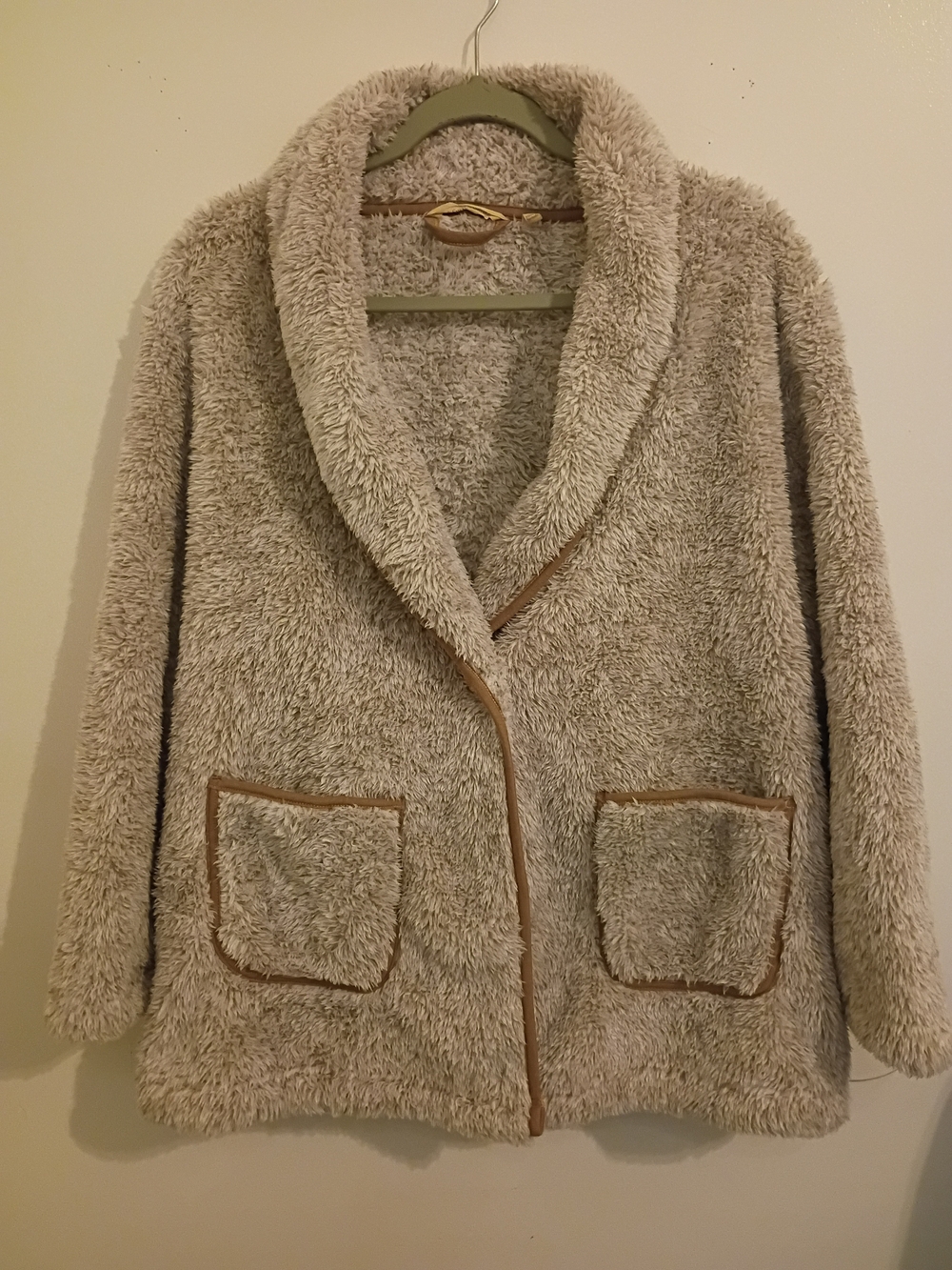 Soft Surroundings Plush Shawl-Collar Teddy Jacket Faux Fur Tan Sz PL